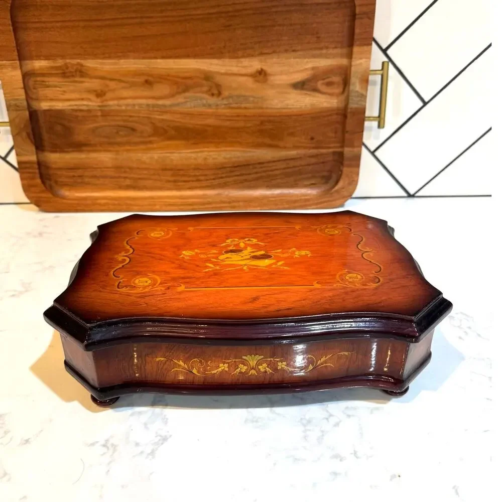 vintage Italian-style wood jewelry box ornate floral marquetry violin motif 90s